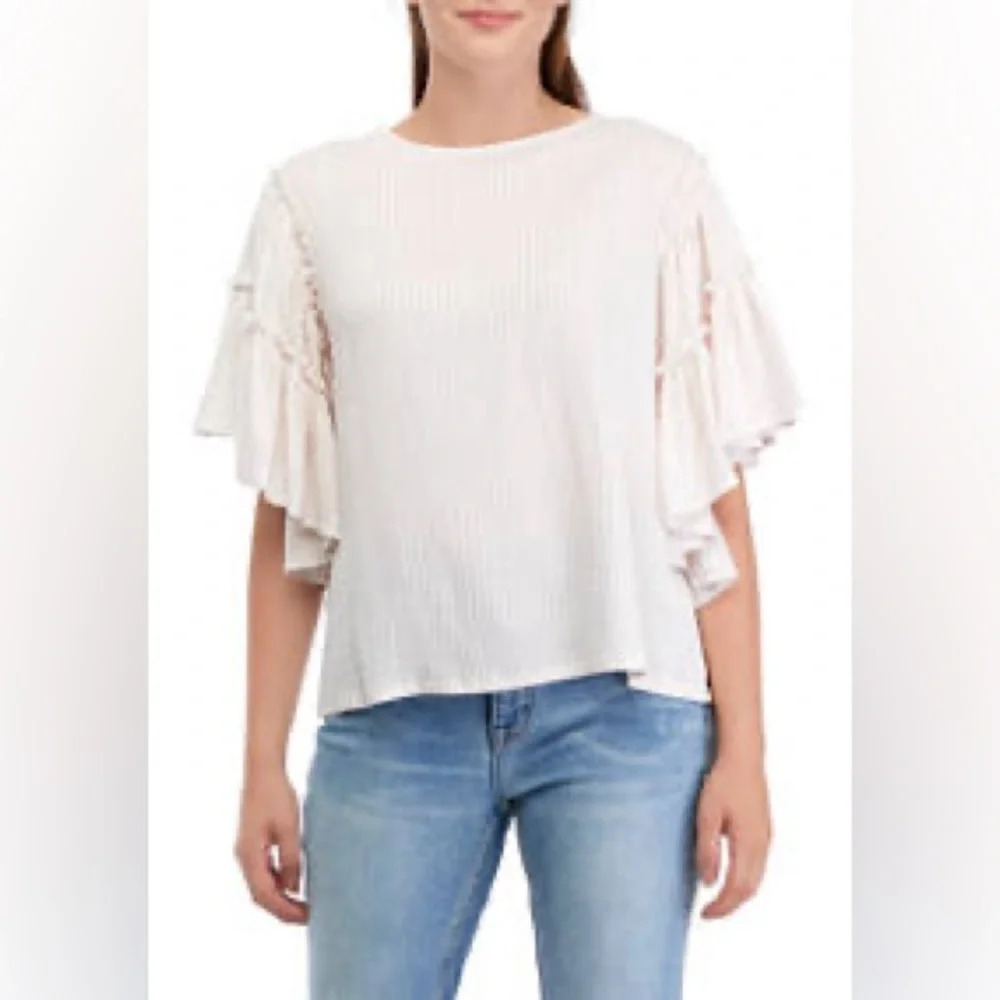 Chelsea & Theodore Flutter Bell Sleeves Taupe and White Blouse NWT XS